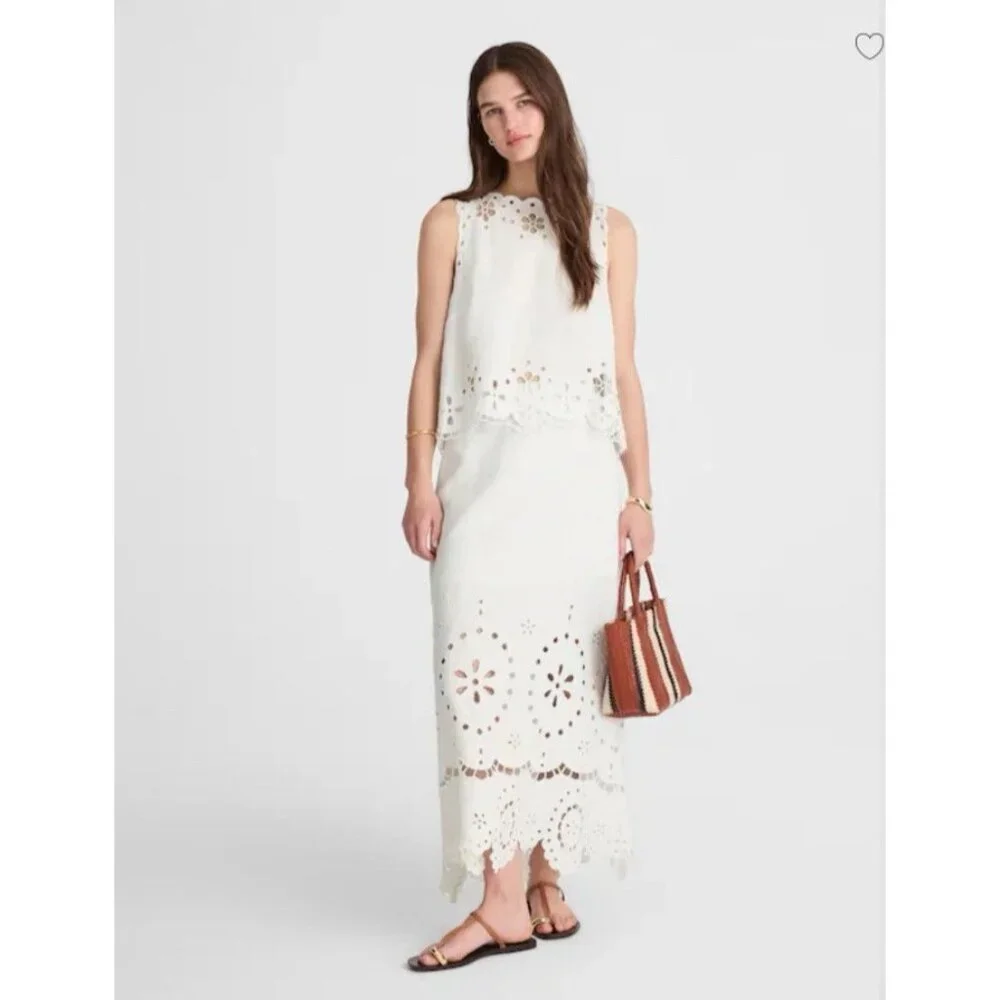 Madewell $118 Women's Embroidered Eyelet High-Low Tank White Salt Linen XS NV191 - Picture 2 of 15